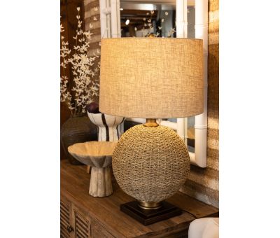 natural rope round lamp base with linen shade 