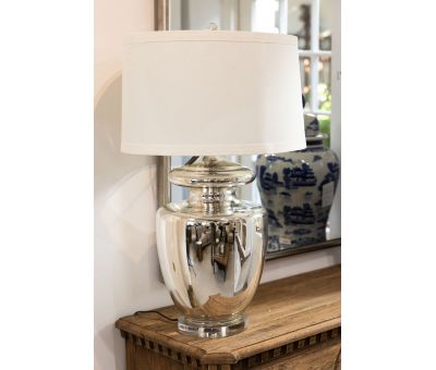 silver lamp base with white shade