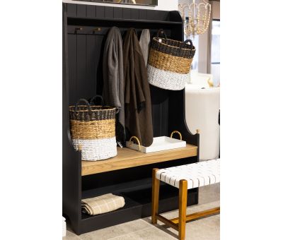 Block & Chisel matt black coat stand with weathered oak seat