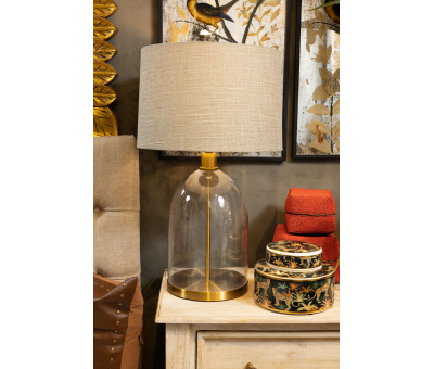 glass lampbase with beige shade and brass details
