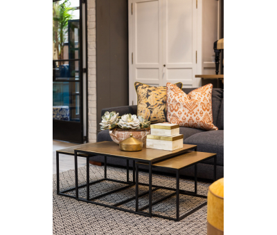 Nesting coffee tables metal with antique brass tops