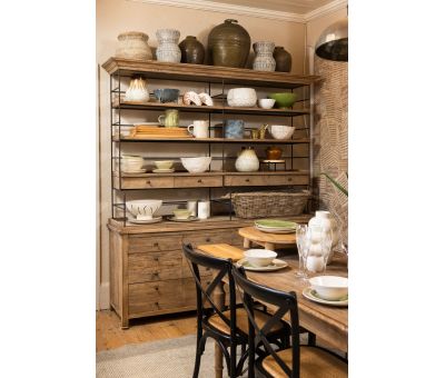 Elm and metal bookshelf with storage drawers