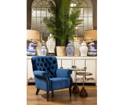 navy blue velvet occasional armchair with tufted details