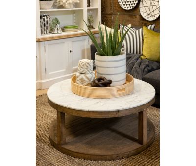 round oak coffee table with marble top 