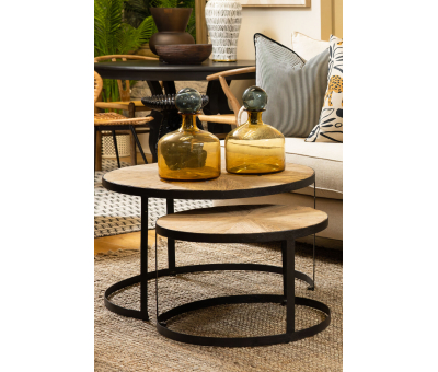 Block & Chisel round reclaimed wood nesting tables with iron base