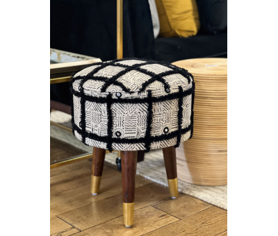 Black shaggy upholstered stool with wooden legs