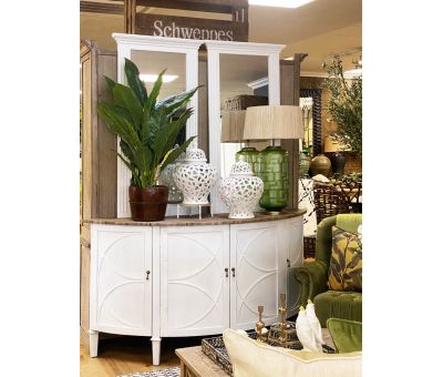 distressed white rounded sideboard with doors 
