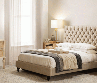 beige linen deep buttoned bed 