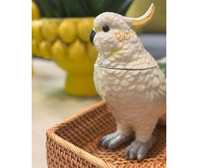 white ceramic white parrot with removeable lid