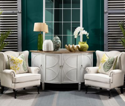 distressed white rounded sideboard with doors 