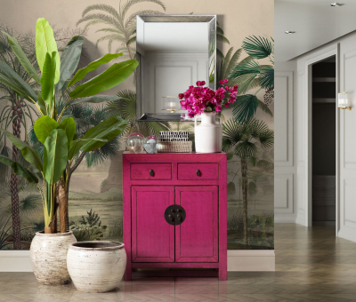 pink lacquered chinese cabinet 2 door 2 drawers