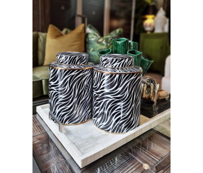 Black and white zebra stripe ceramic jar with lid