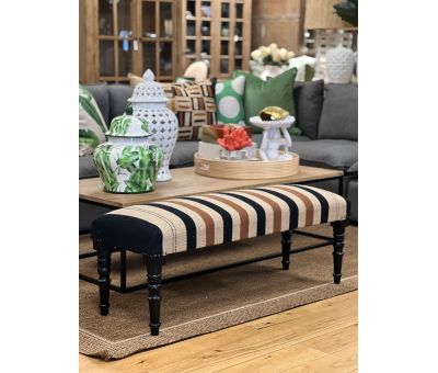 stripe upholstered ottoman with turned legs