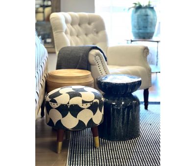 Block & Chisel round black and off white print cotton upholstered stool