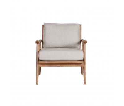 modern armchair with rattan back and linen seat and back cushion