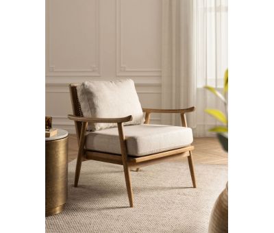 modern armchair with rattan back and linen seat and back cushion