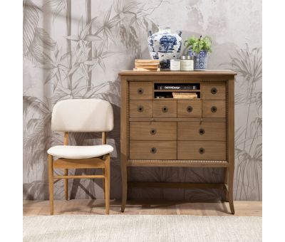 Block & Chisel beige linen upholstered dining chair with oak wood legs