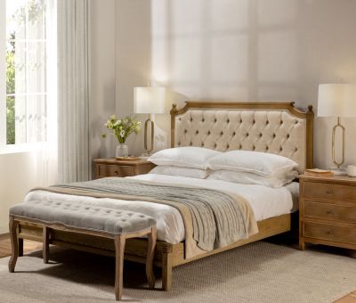 French style bed upholstered in linen King and queen