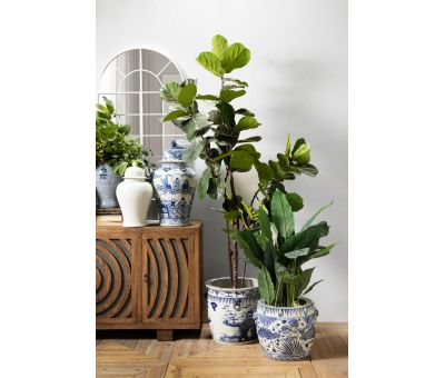 Blue and white ceramic planter