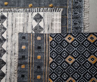 Indus rug in black with mustard diamond 