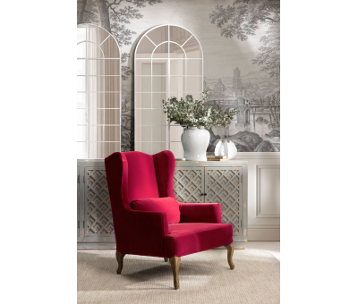 pink velvet upholstered wingback with oak legs Château collection