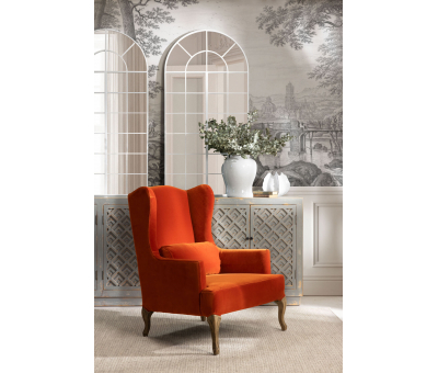 orange velvet wingback chair with oak legs Château collection