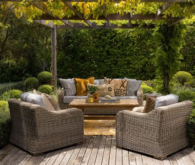 Constantia 3 seater in synthetic rattan and grey cushions