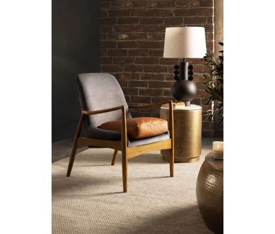 mid-century modern design Hackberry wood legs and plush leather and velvet seat