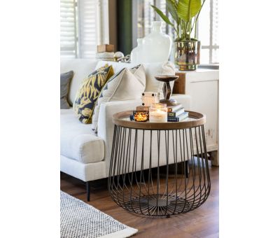 industrial caged side table with glass top