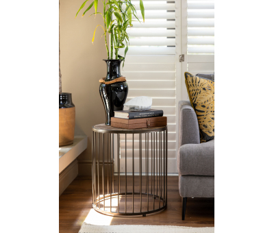 industrial caged side table with glass top
