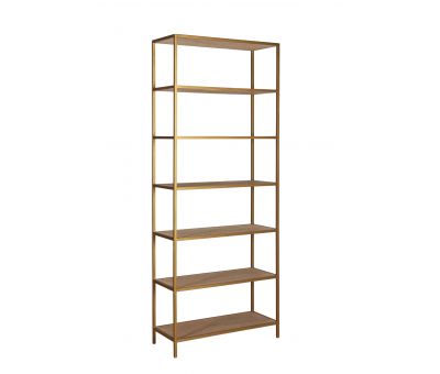 Gold metal bookshelf with wicker inlay shelving
