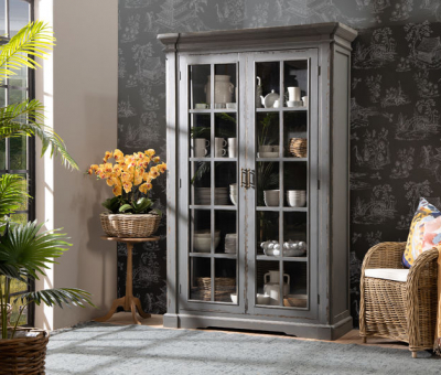 Grey painted display cabinet with glass doors