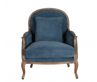 Blue chenille upholstered armchair with oak frame