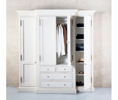 Block & Chisel weathered oak breakfront closet in Antique White