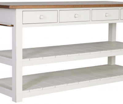Block & Chisel kitchen island with weathered oak top and white base