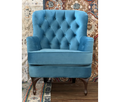 Sky blue velvet dorothy chair with deep buttoned back