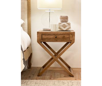 reclaimed oak bedside with 1 drawer and cross leg