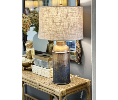aged metal lamp base with Linen shade