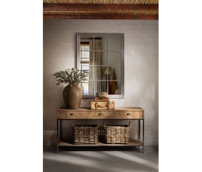 Block & Chisel rectangular reclaimed wood console table with iron legs