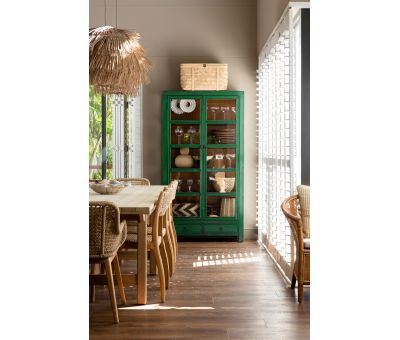 Green lacquered display cabinet with glass doors