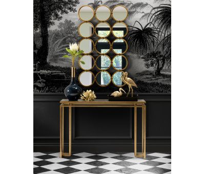 repeated grid circle mirror in rectangle form with gold frame