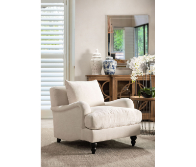 mission armchair upholstered in cream brown wooden feet