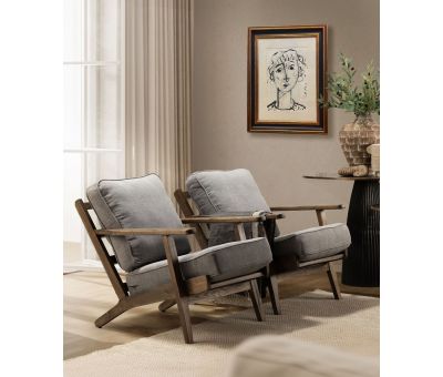 Modern armchair, wooden frame with cream back and seat cushion