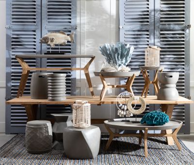 Block & Chisel round natural concrete coffee table with wooden legs