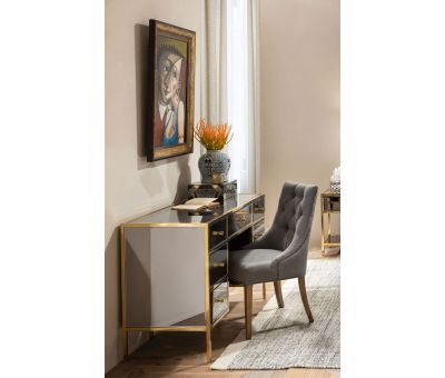 grey upholstered dining chair with buttoned back detail oak legs Château Collection