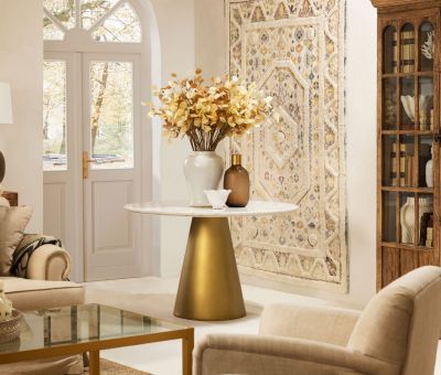Metal gold base dining table with marble top