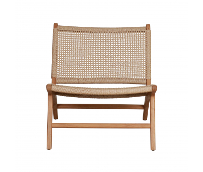 Outdoor lounge chair with teak frame and synthetic rope weave