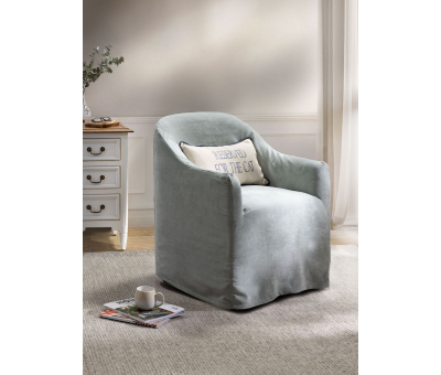 Slipcover tub chair upholstered in chenille seafoam fabric