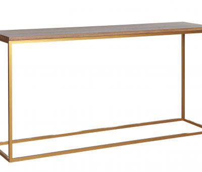 Lillian console with gold metal base and antique weathered oak top