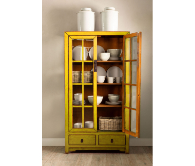 yellow lacquered chinese cabinet with glass doors